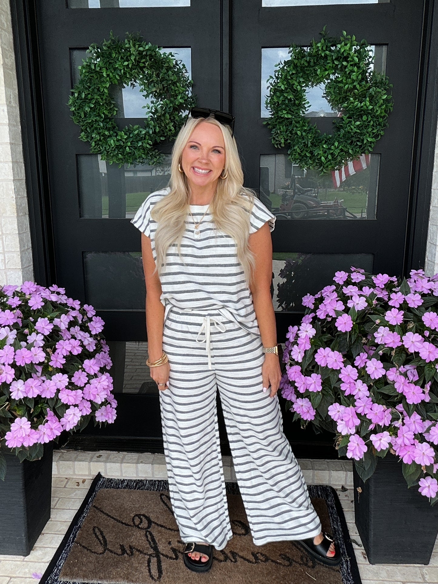 Stripe Knit Wide Leg Lounge Pants - Grey
