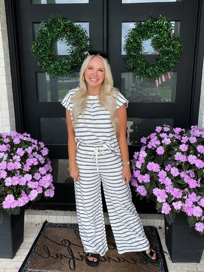 Stripe Knit Wide Leg Lounge Pants - Grey