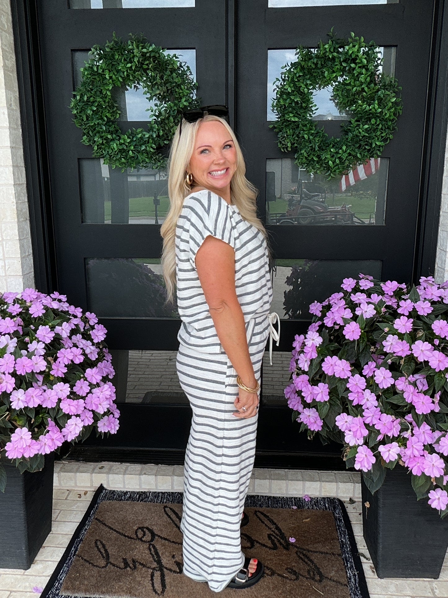 Stripe Knit Wide Leg Lounge Pants - Grey
