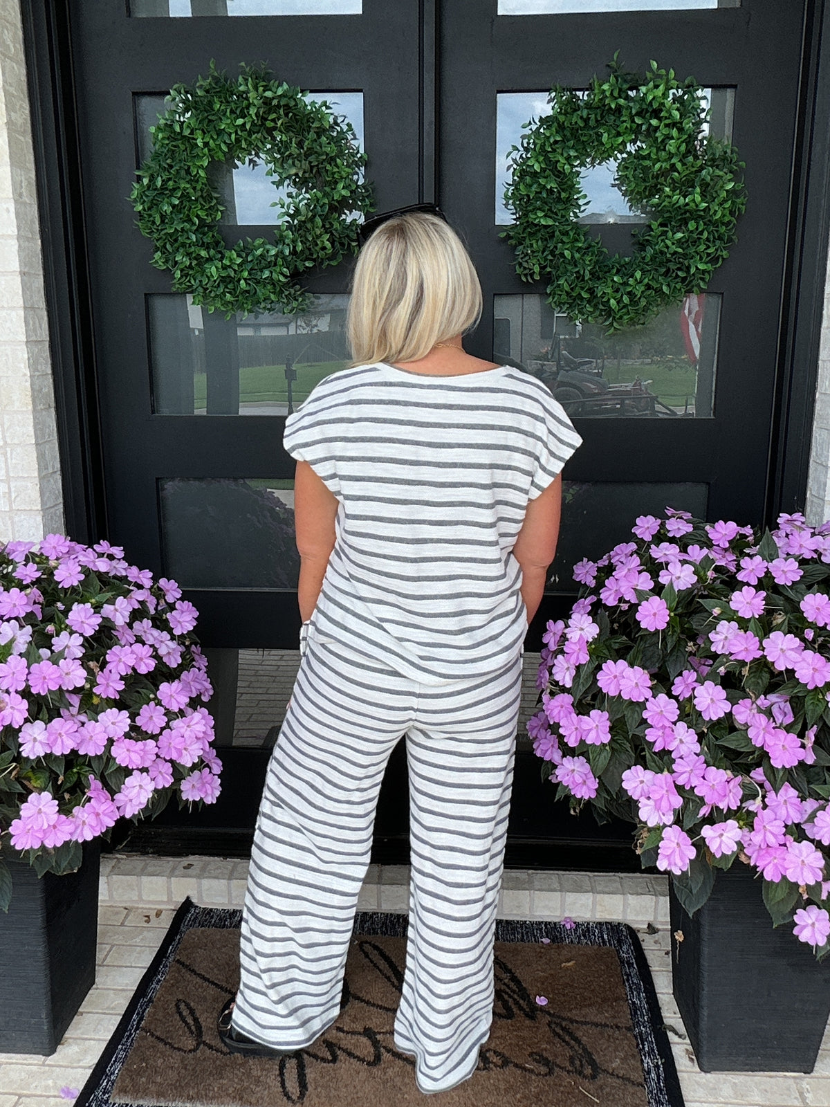 Stripe Knit Wide Leg Lounge Pants - Grey