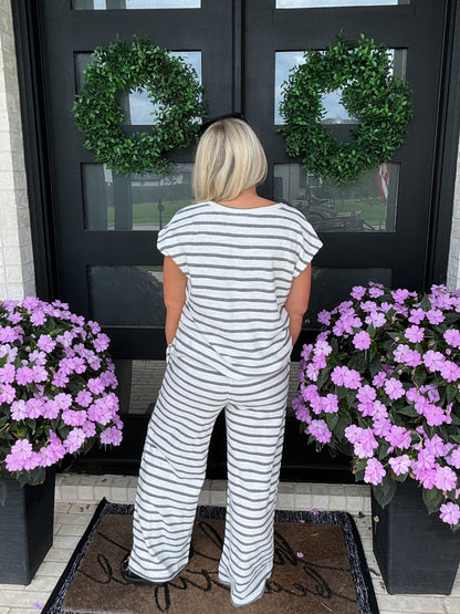 Stripe Knit Wide Leg Lounge Pants - Grey