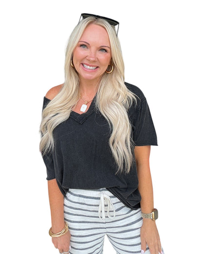 Washed V-Neck Oversized Tee - Black