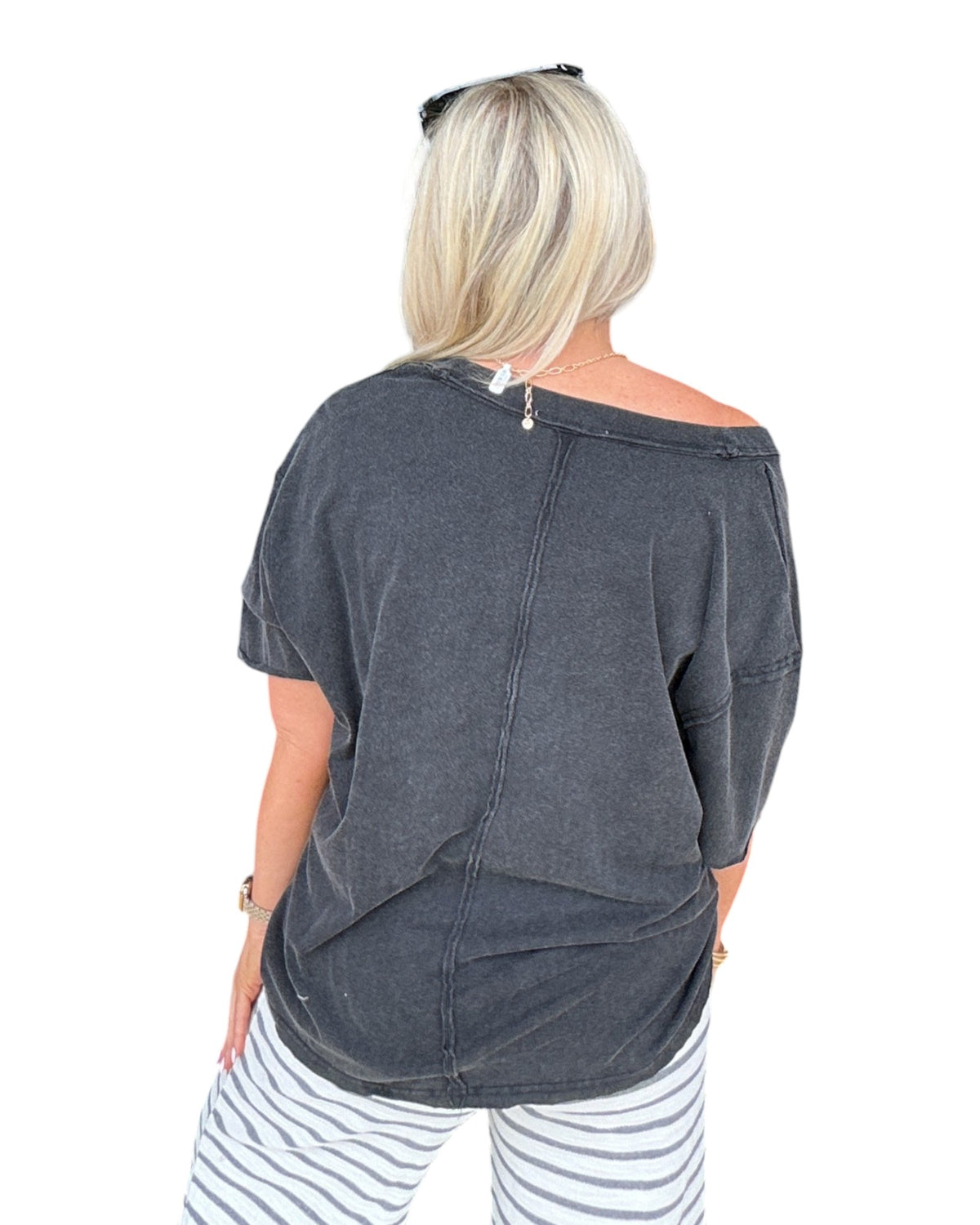 Washed V-Neck Oversized Tee - Black