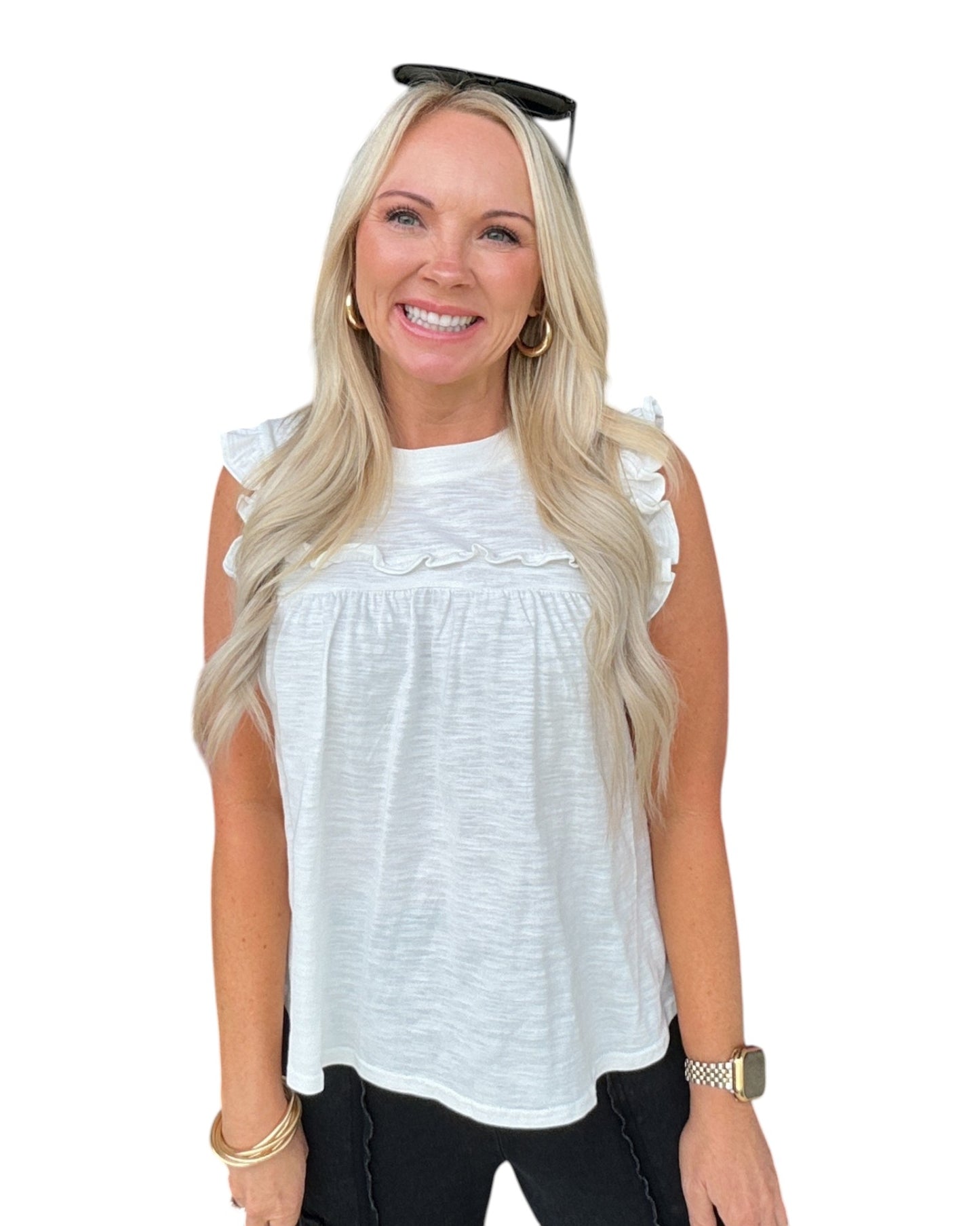 Ruffle Trim Tank - White