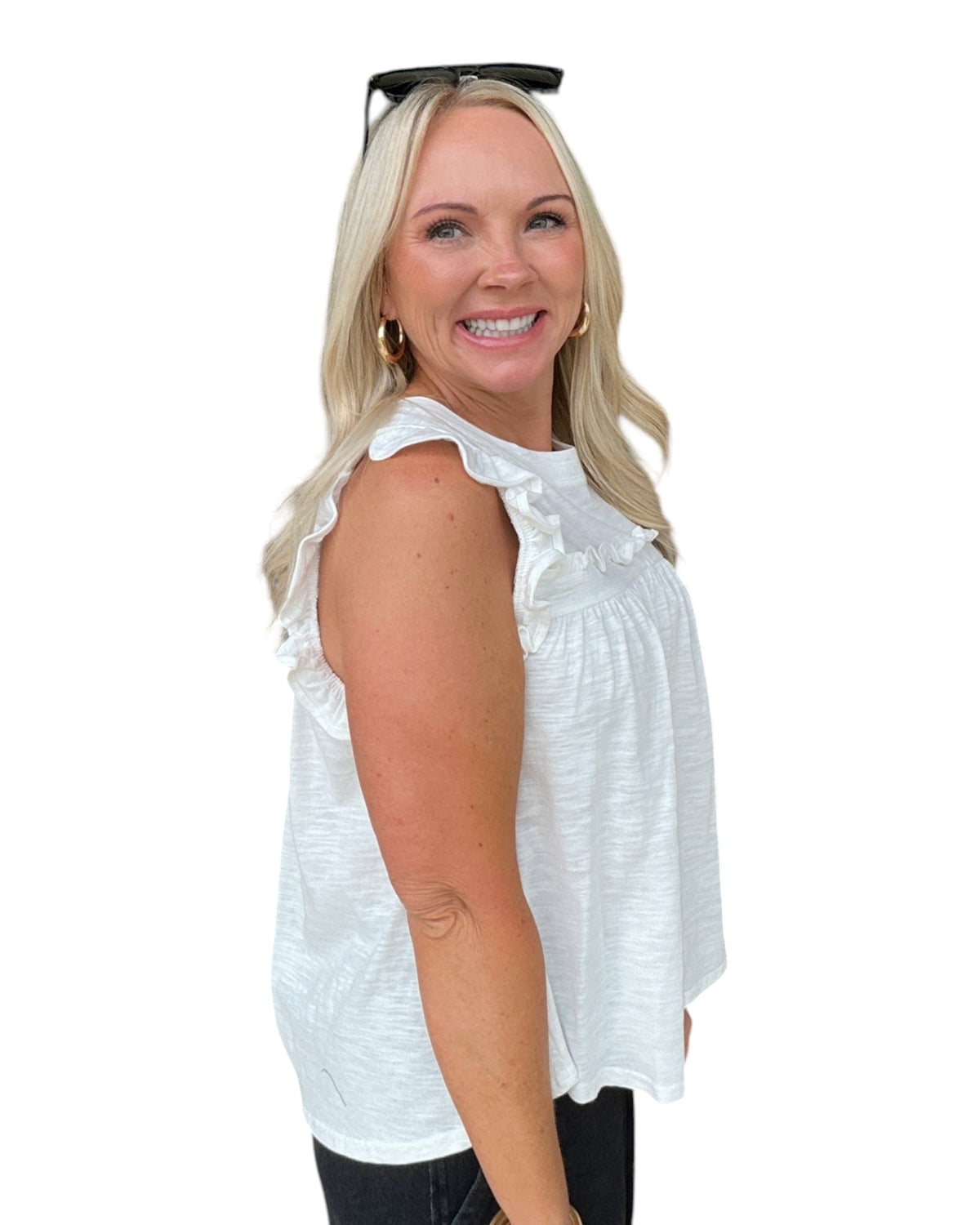 Ruffle Trim Tank - White