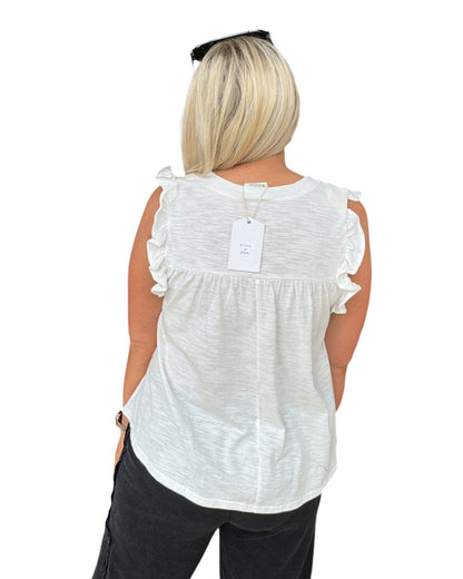 Ruffle Trim Tank - White