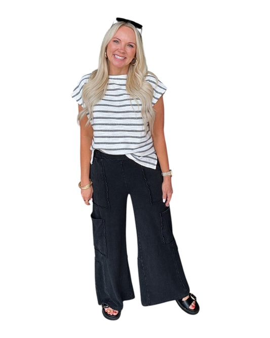 Mineral Wash Wide Leg Cargo Pants - Black