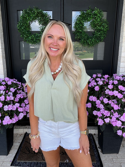 Split Neck Linen Blouse - Olive