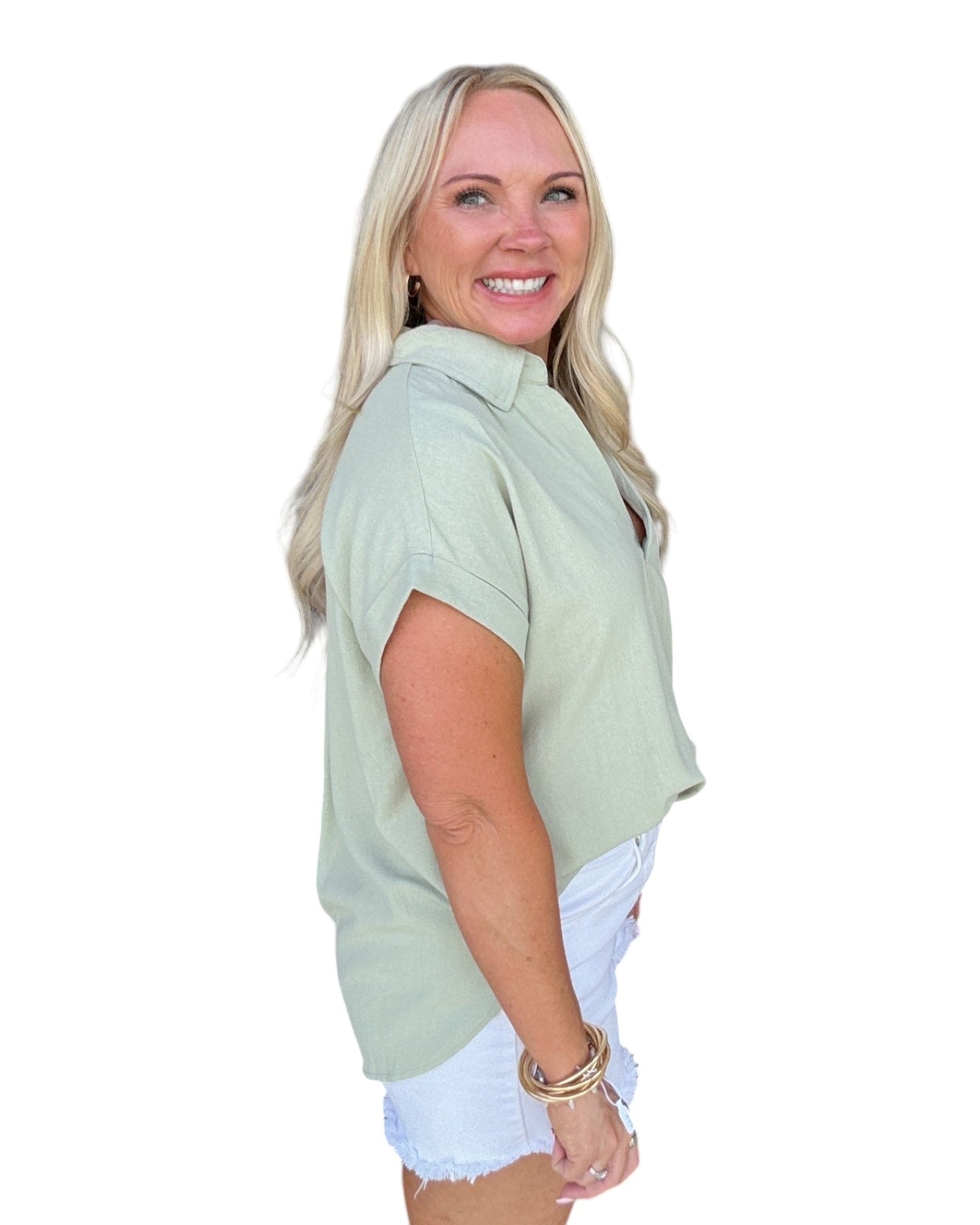 Split Neck Linen Blouse - Olive