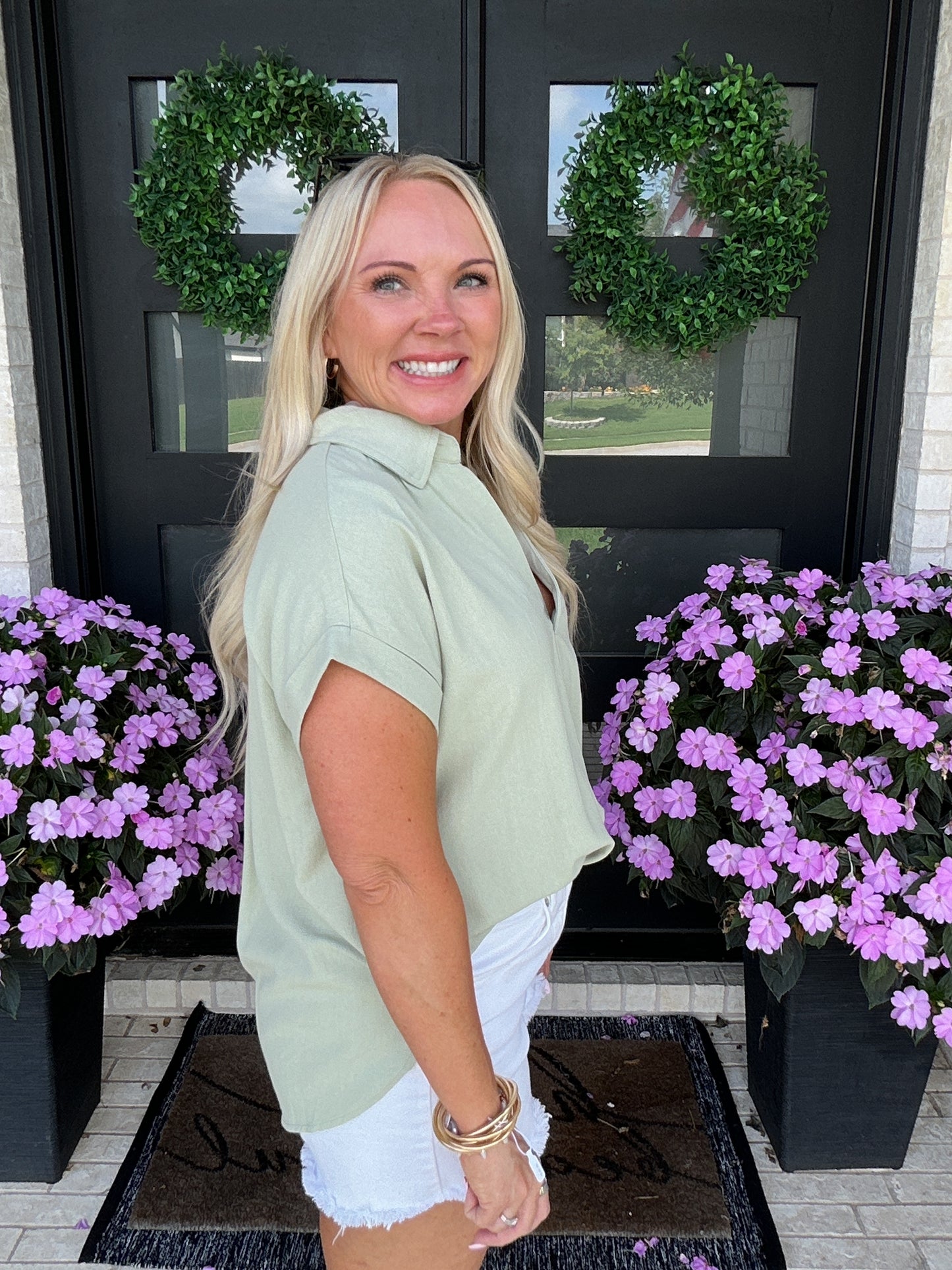 Split Neck Linen Blouse - Olive