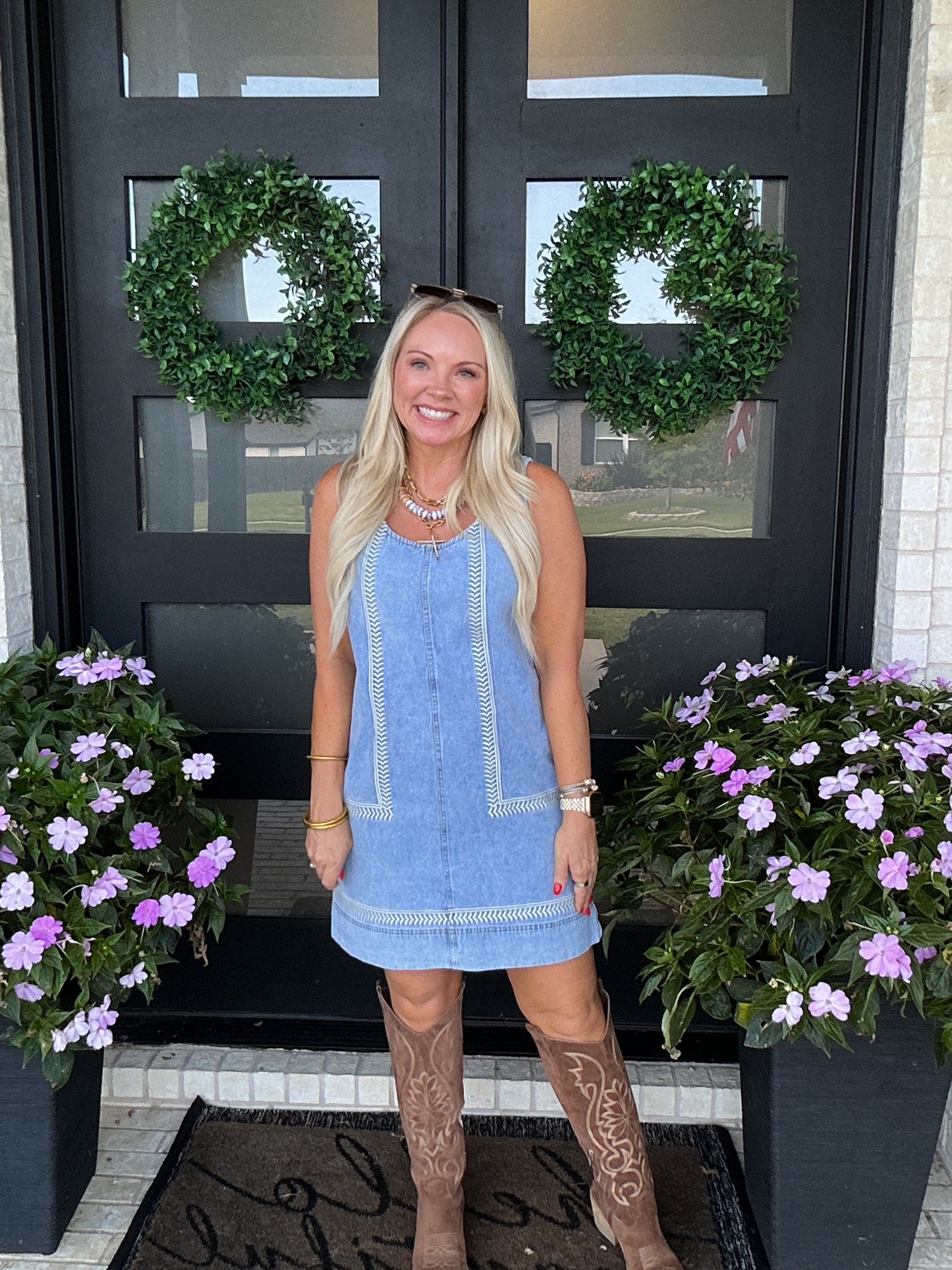 Mini Denim Dress with Stitch Detail