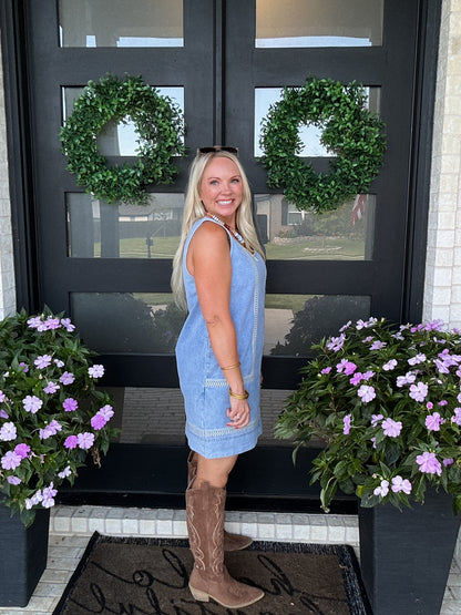 Mini Denim Dress with Stitch Detail
