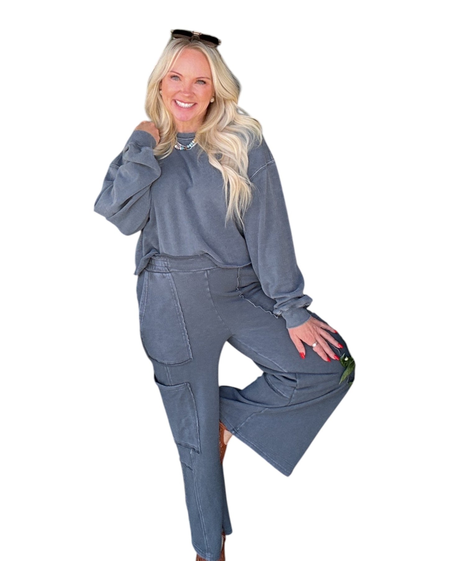 Mineral Wash Wide Leg Cargo Pants - Dark Grey