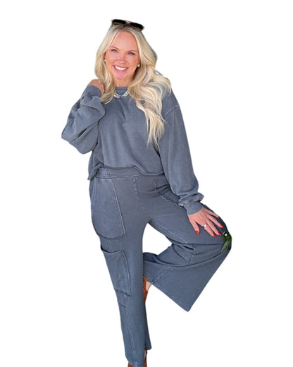 Mineral Wash Wide Leg Cargo Pants - Dark Grey