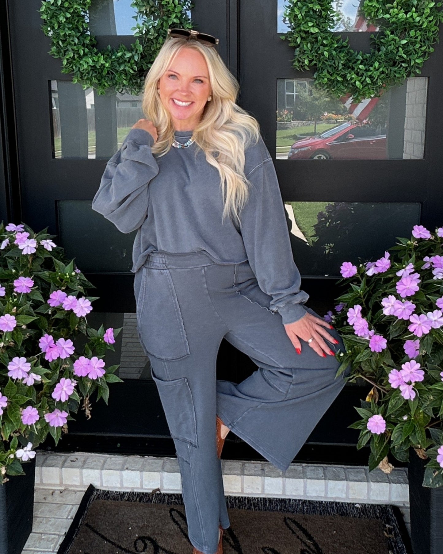 Mineral Wash Wide Leg Cargo Pants - Dark Grey