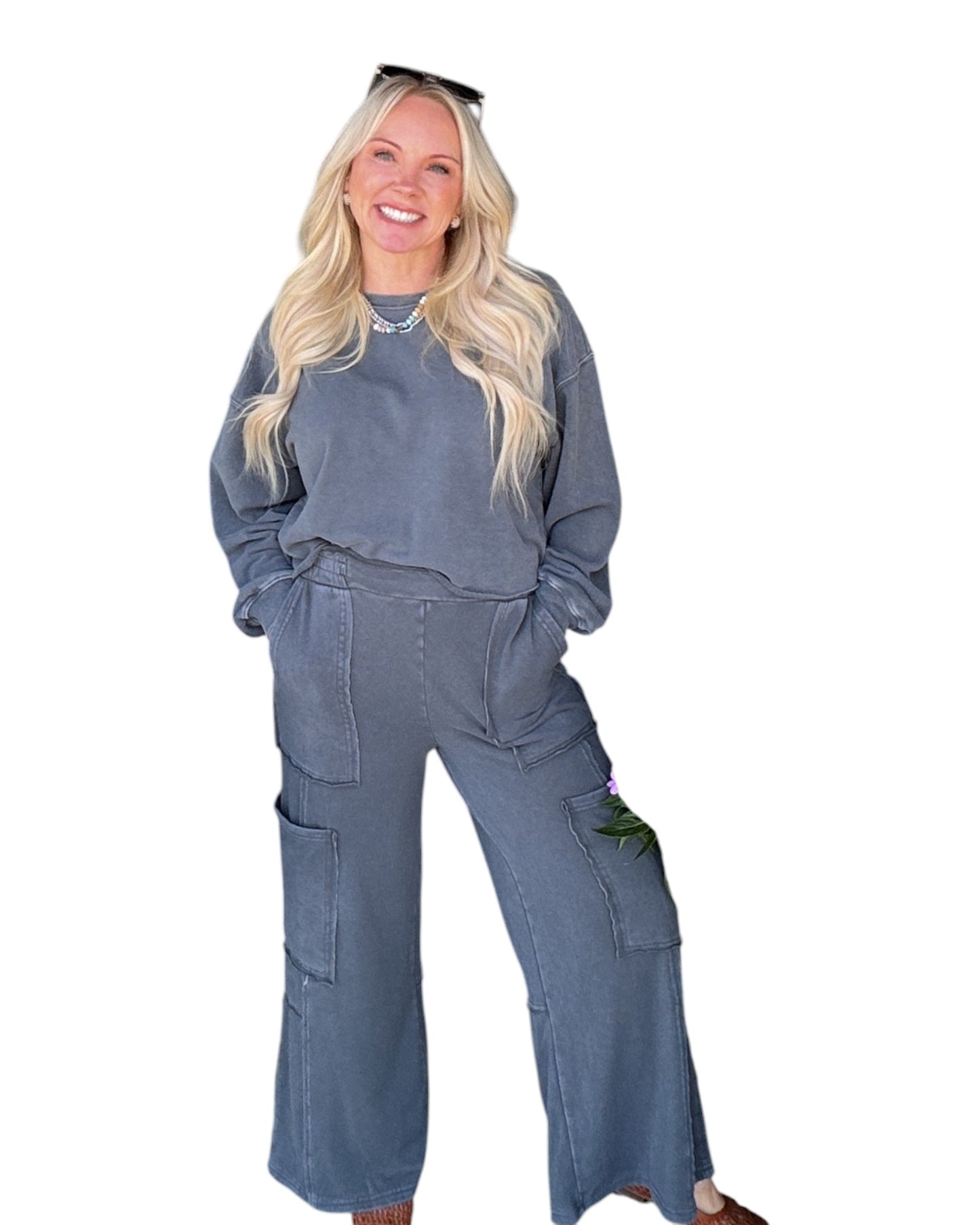 Mineral Wash Wide Leg Cargo Pants - Dark Grey
