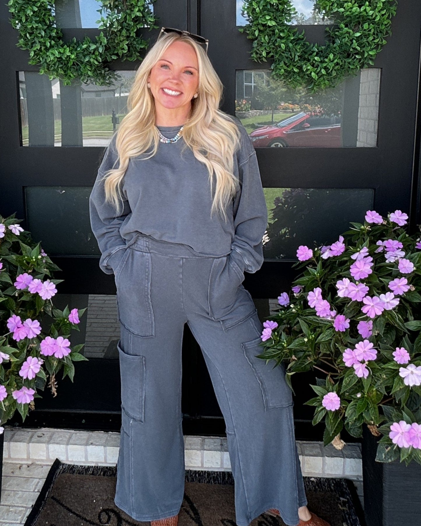 Mineral Wash Wide Leg Cargo Pants - Dark Grey