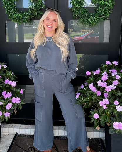 Mineral Wash Wide Leg Cargo Pants - Dark Grey