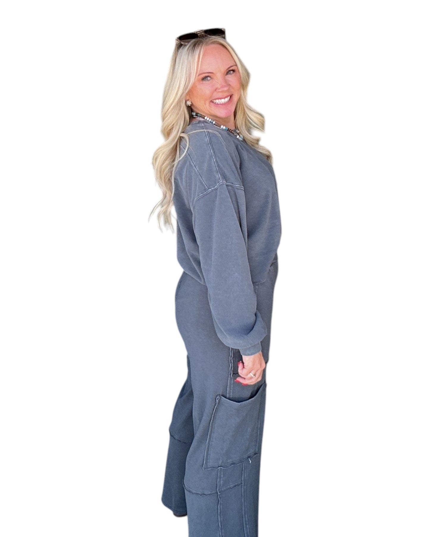 Mineral Wash Wide Leg Cargo Pants - Dark Grey