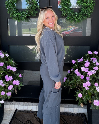 Mineral Wash Wide Leg Cargo Pants - Dark Grey