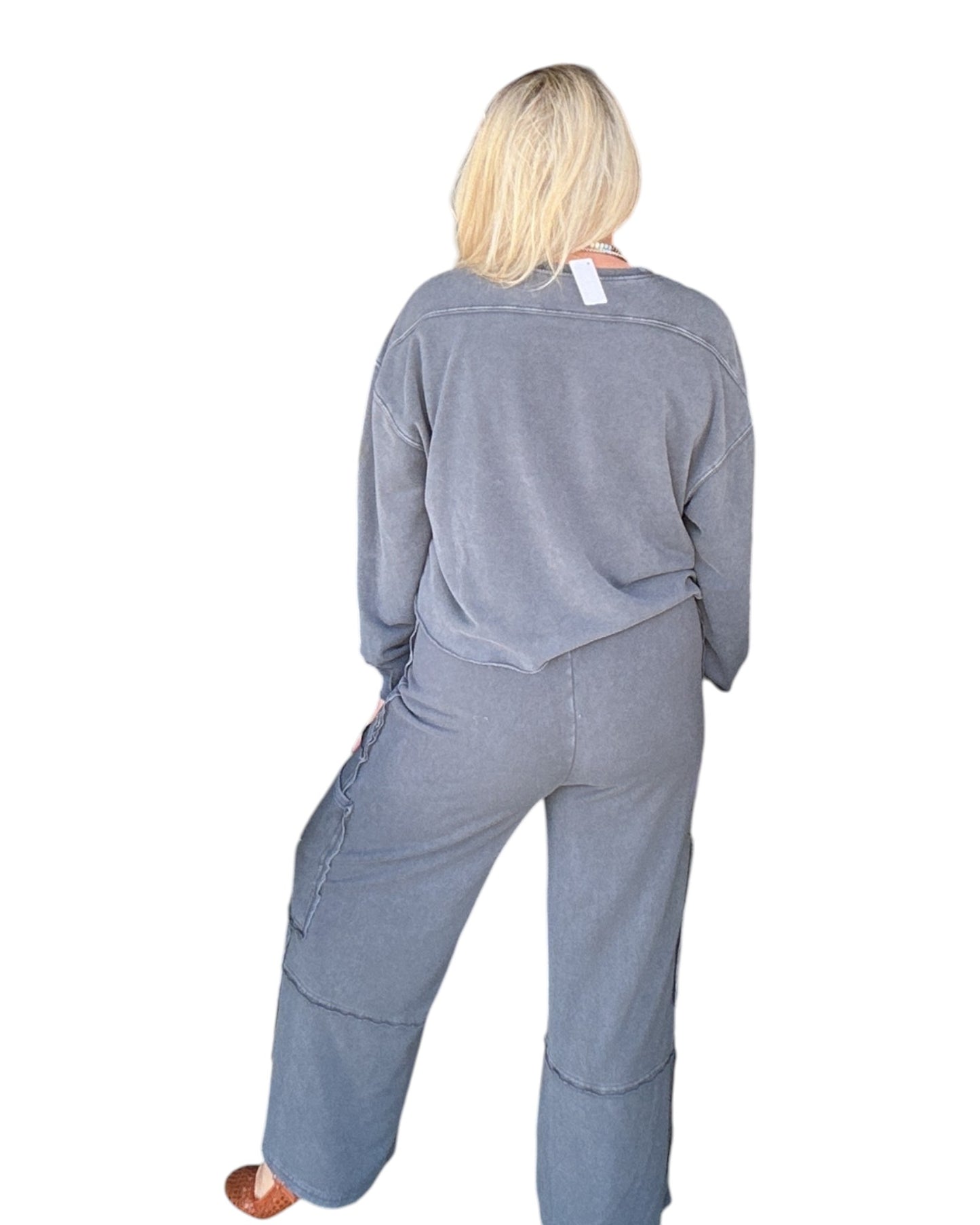 Mineral Wash Wide Leg Cargo Pants - Dark Grey
