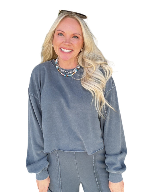 Mineral Wash Raw Hem Sweatshirt - Dark Grey