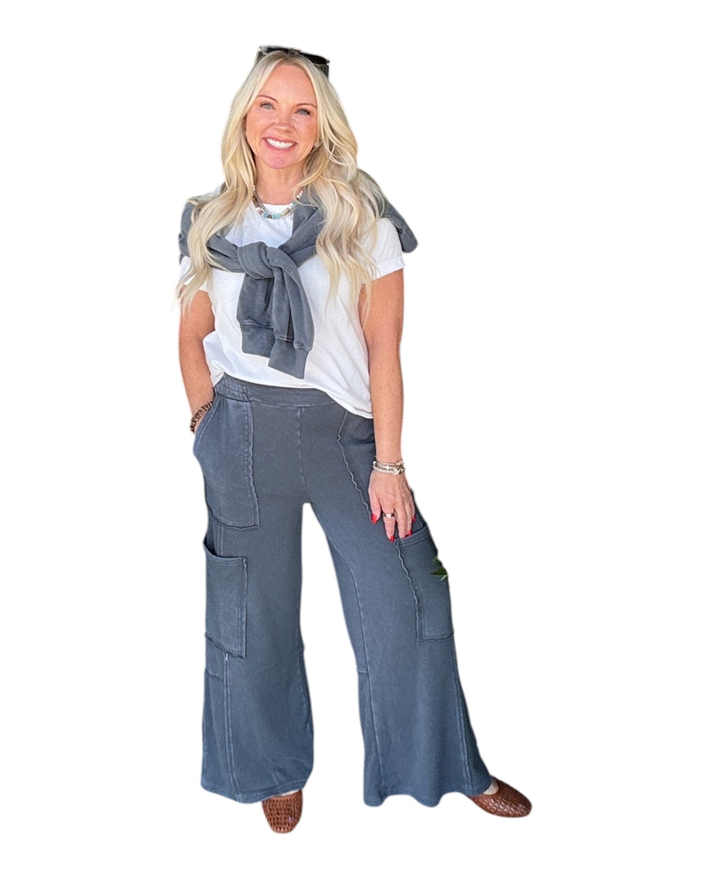 Mineral Wash Wide Leg Cargo Pants - Dark Grey