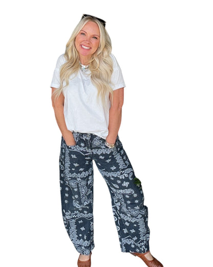 Paisley Printed Barrel Jeans