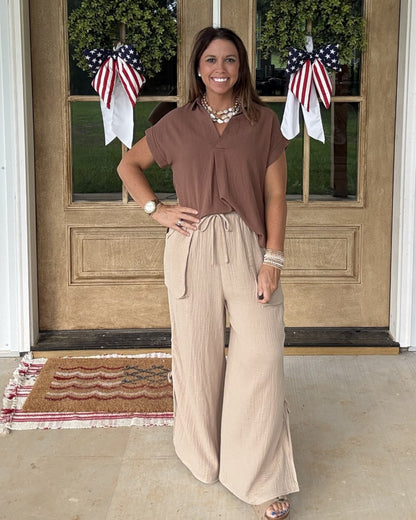 Split Neck Linen Blouse - Brown