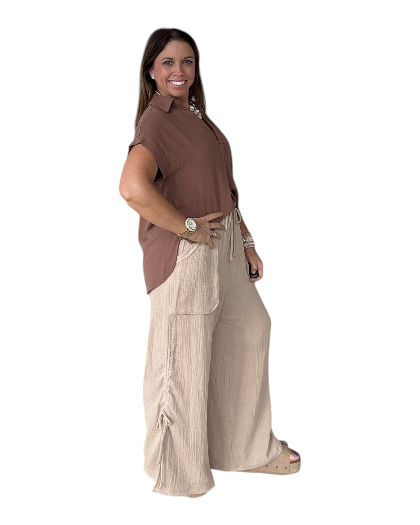 Split Neck Linen Blouse - Brown