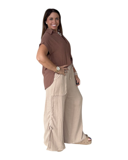 Split Neck Linen Blouse - Brown