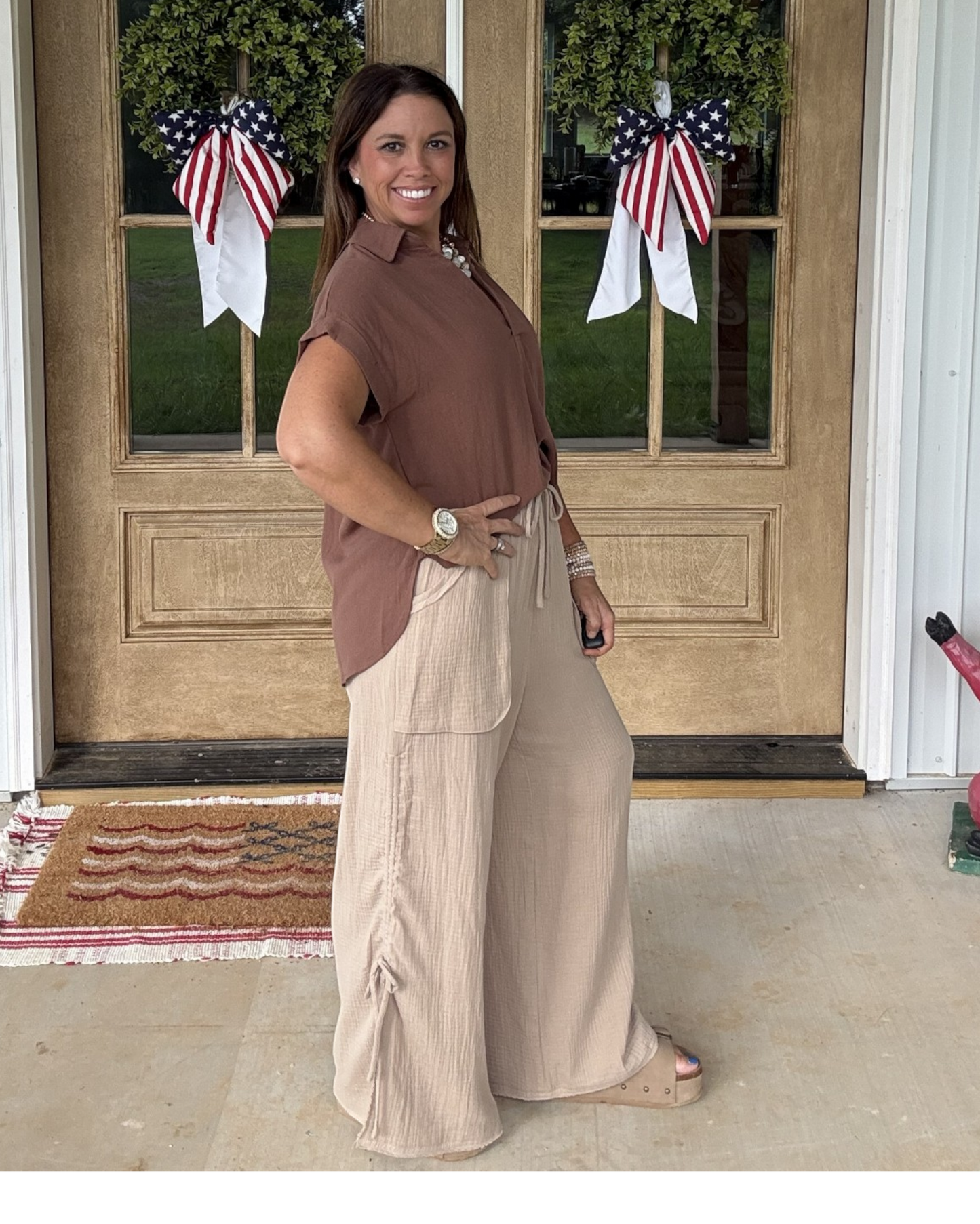 Split Neck Linen Blouse - Brown
