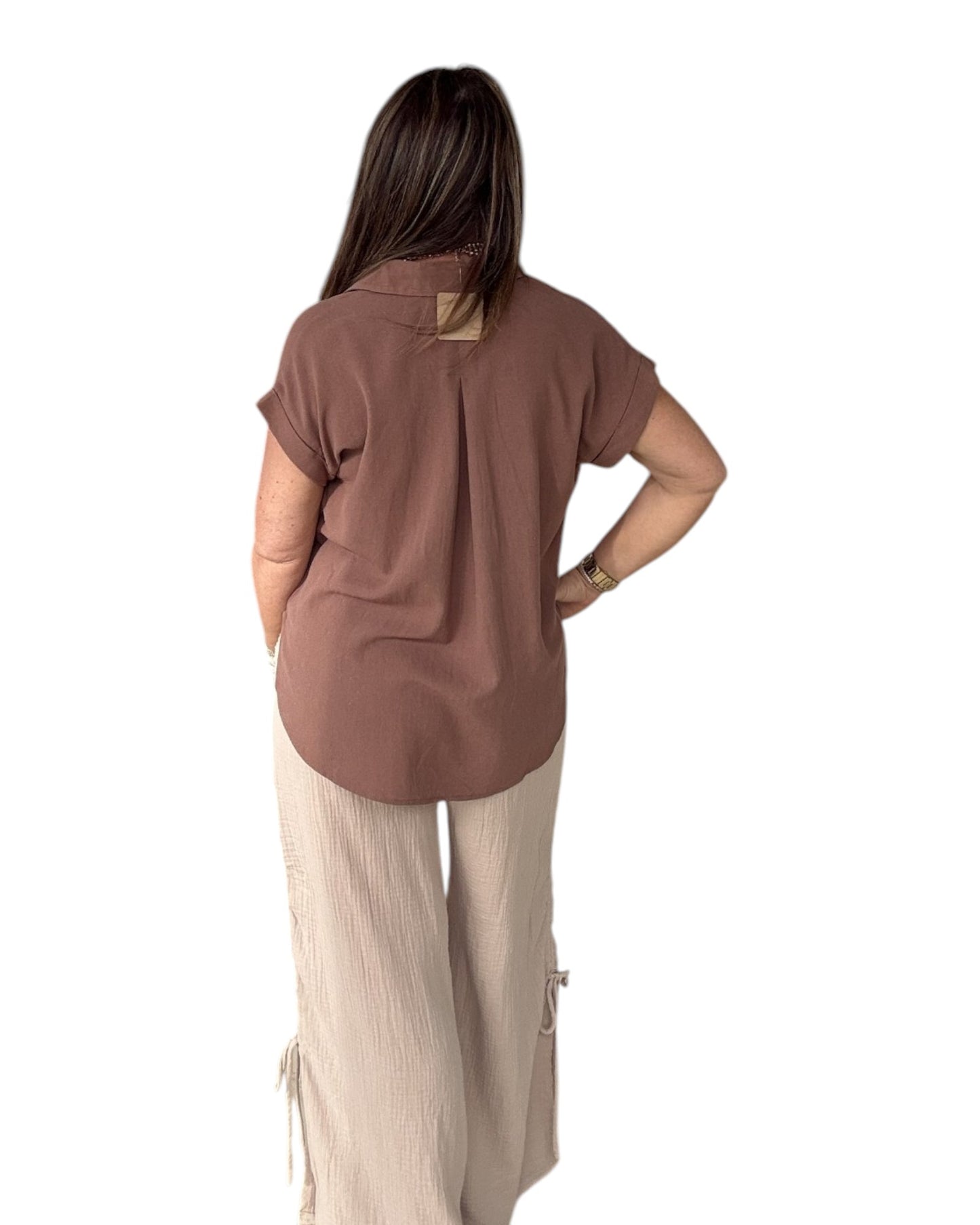 Split Neck Linen Blouse - Brown