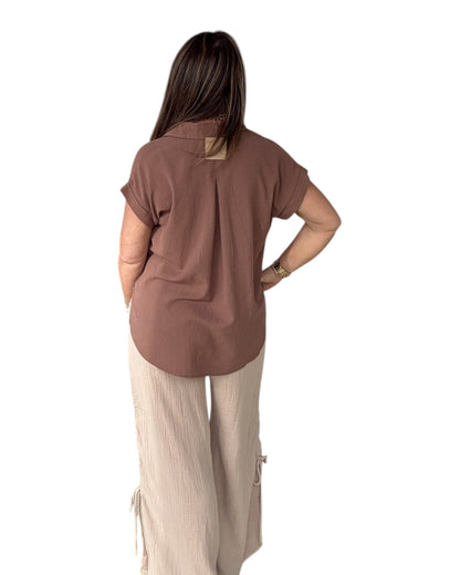 Split Neck Linen Blouse - Brown