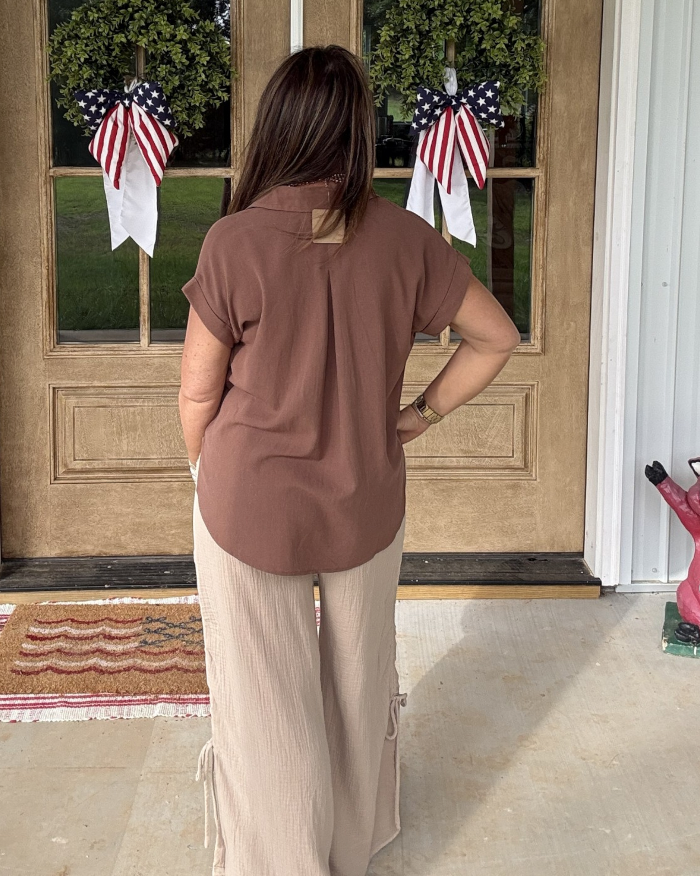 Split Neck Linen Blouse - Brown