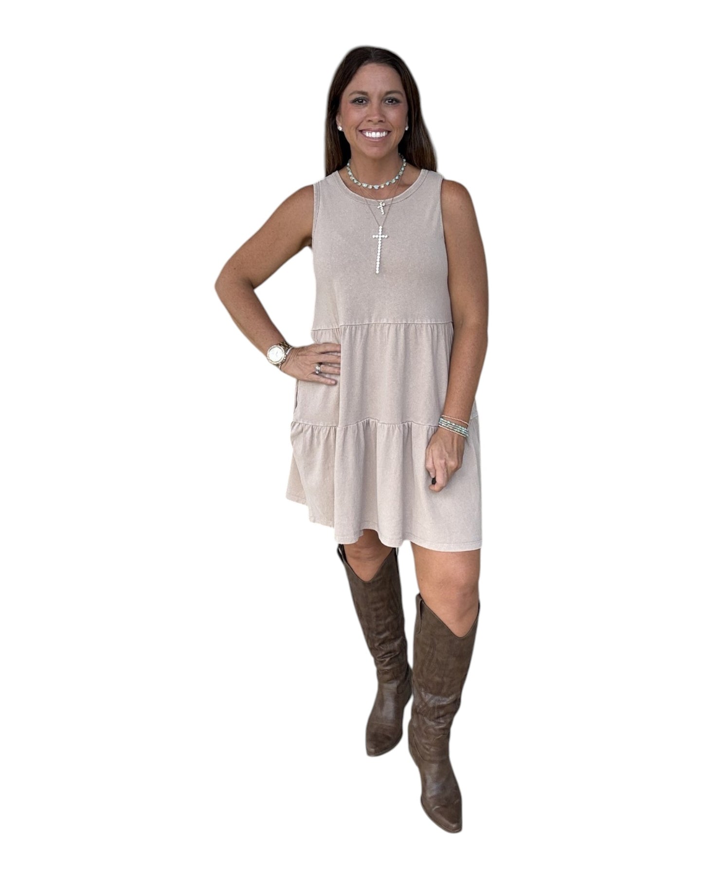 Sleeveless Crewneck Tiered Mini Dress - Tan