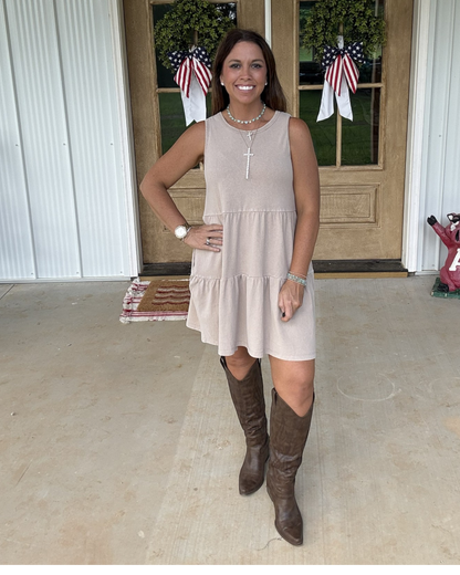 Sleeveless Crewneck Tiered Mini Dress - Tan
