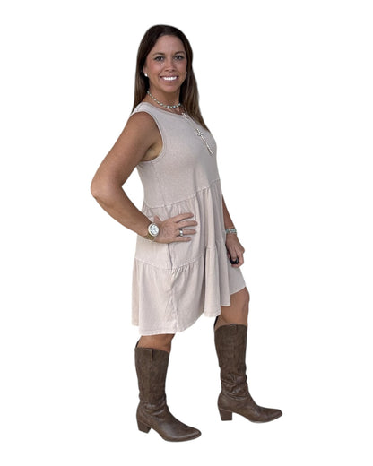 Sleeveless Crewneck Tiered Mini Dress - Tan