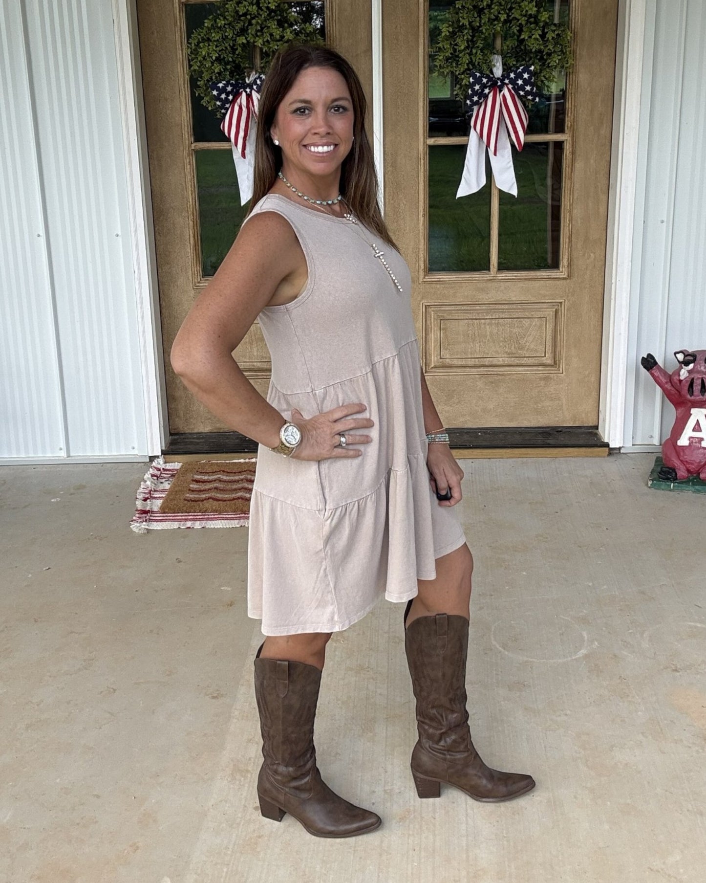 Sleeveless Crewneck Tiered Mini Dress - Tan
