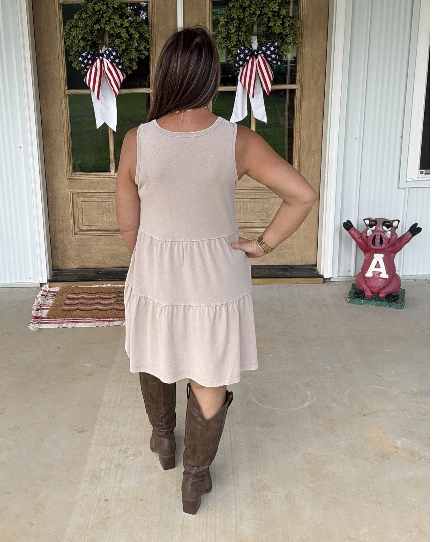 Sleeveless Crewneck Tiered Mini Dress - Tan