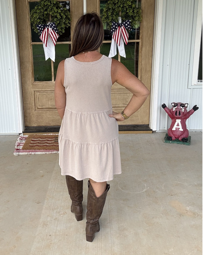Sleeveless Crewneck Tiered Mini Dress - Tan