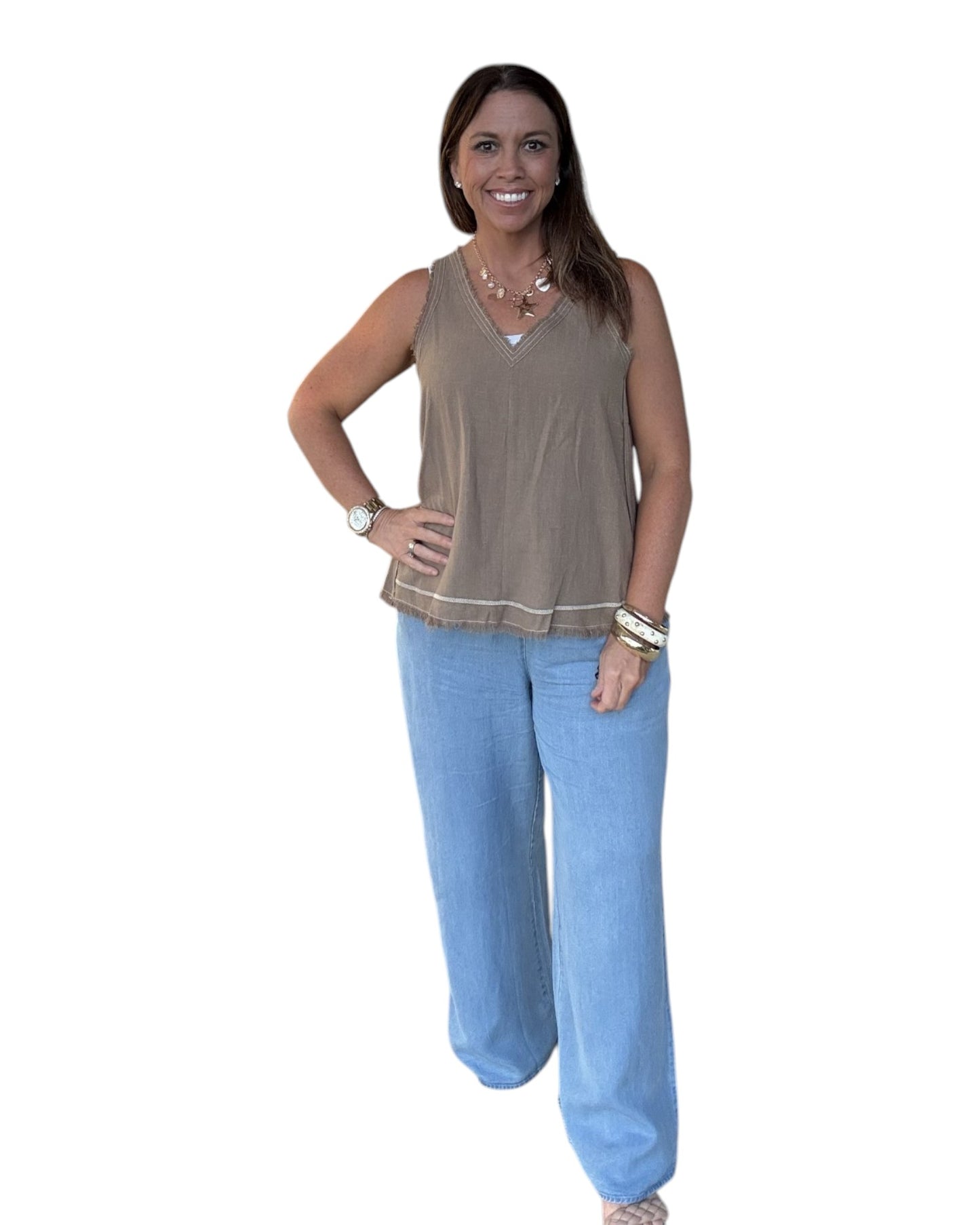 Frayed Stitch Detail Sleeveless Top - Brown
