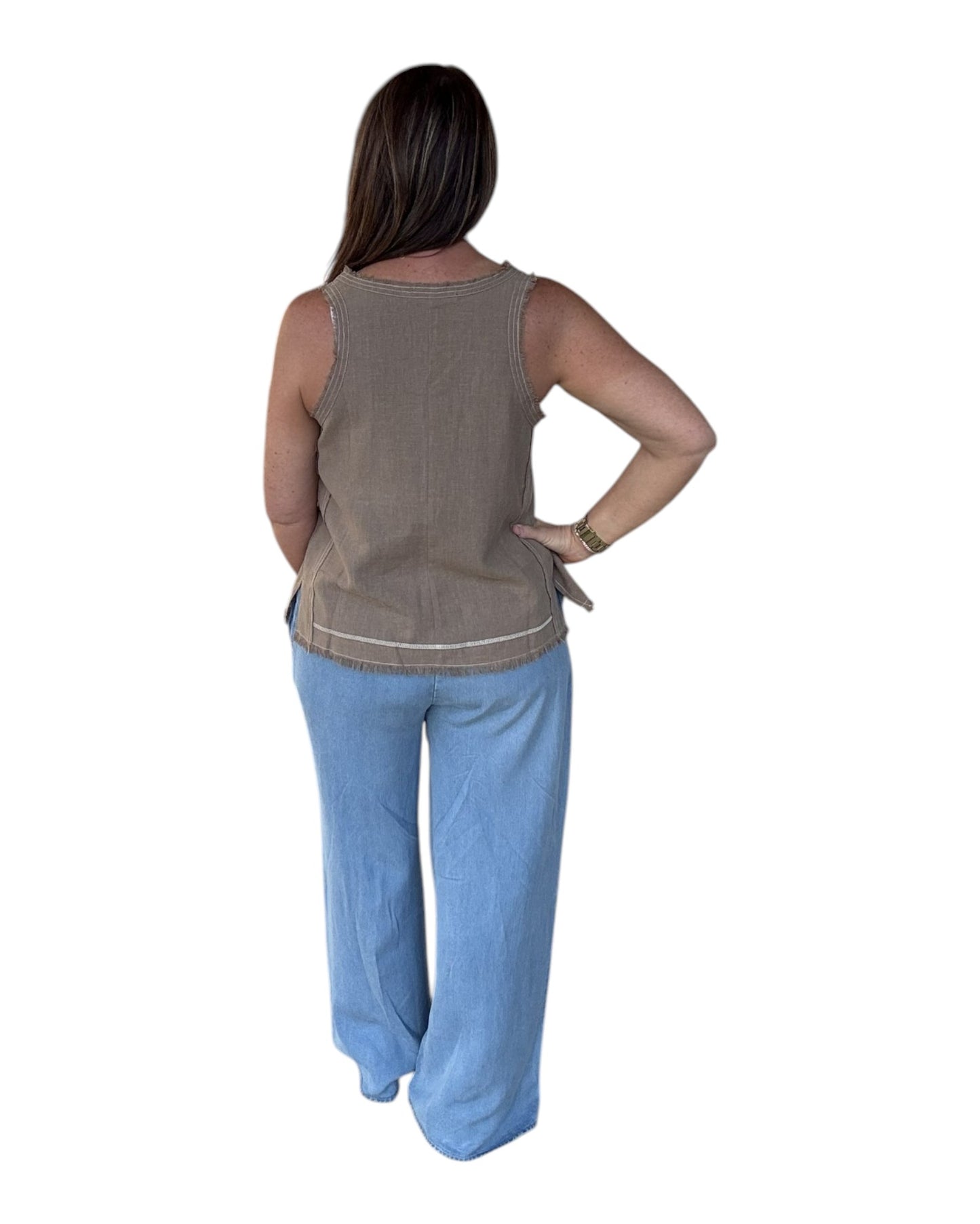 Frayed Stitch Detail Sleeveless Top - Brown
