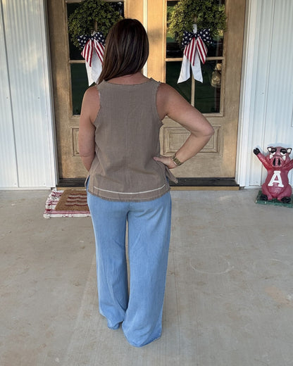 Frayed Stitch Detail Sleeveless Top - Brown