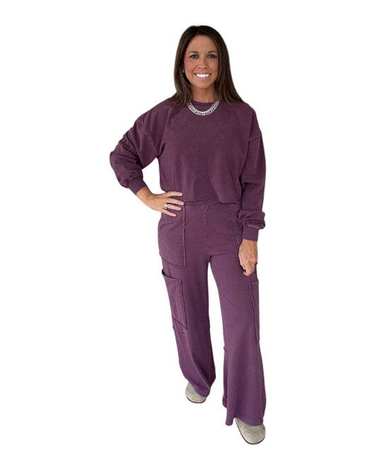 Mineral Wash Wide Leg Cargo Pants - Dark Cherry