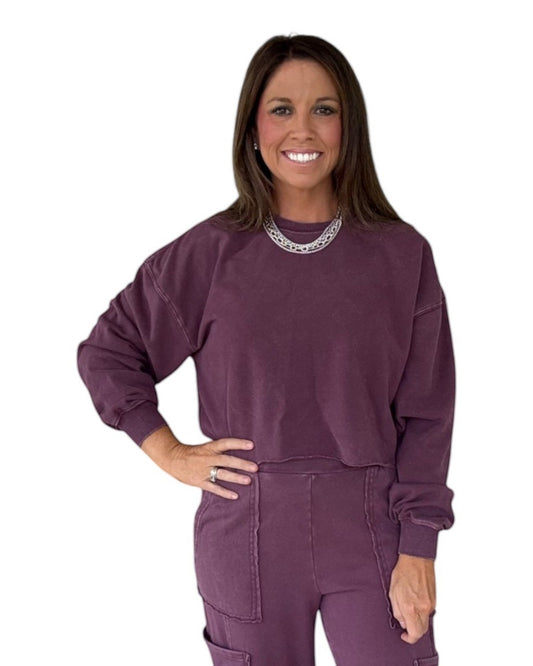 Mineral Wash Raw Hem Sweatshirt - Dark Cherry