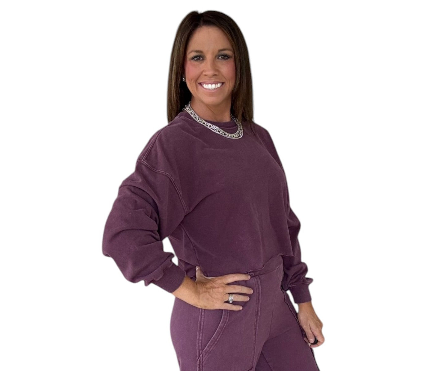 Mineral Wash Raw Hem Sweatshirt - Dark Cherry