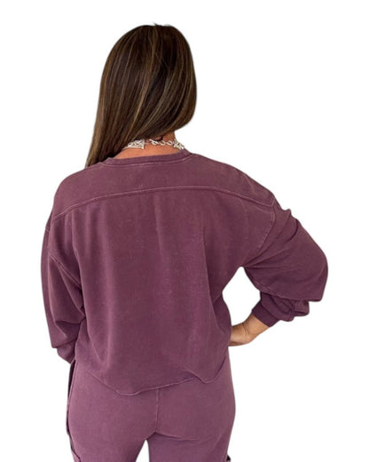 Mineral Wash Raw Hem Sweatshirt - Dark Cherry