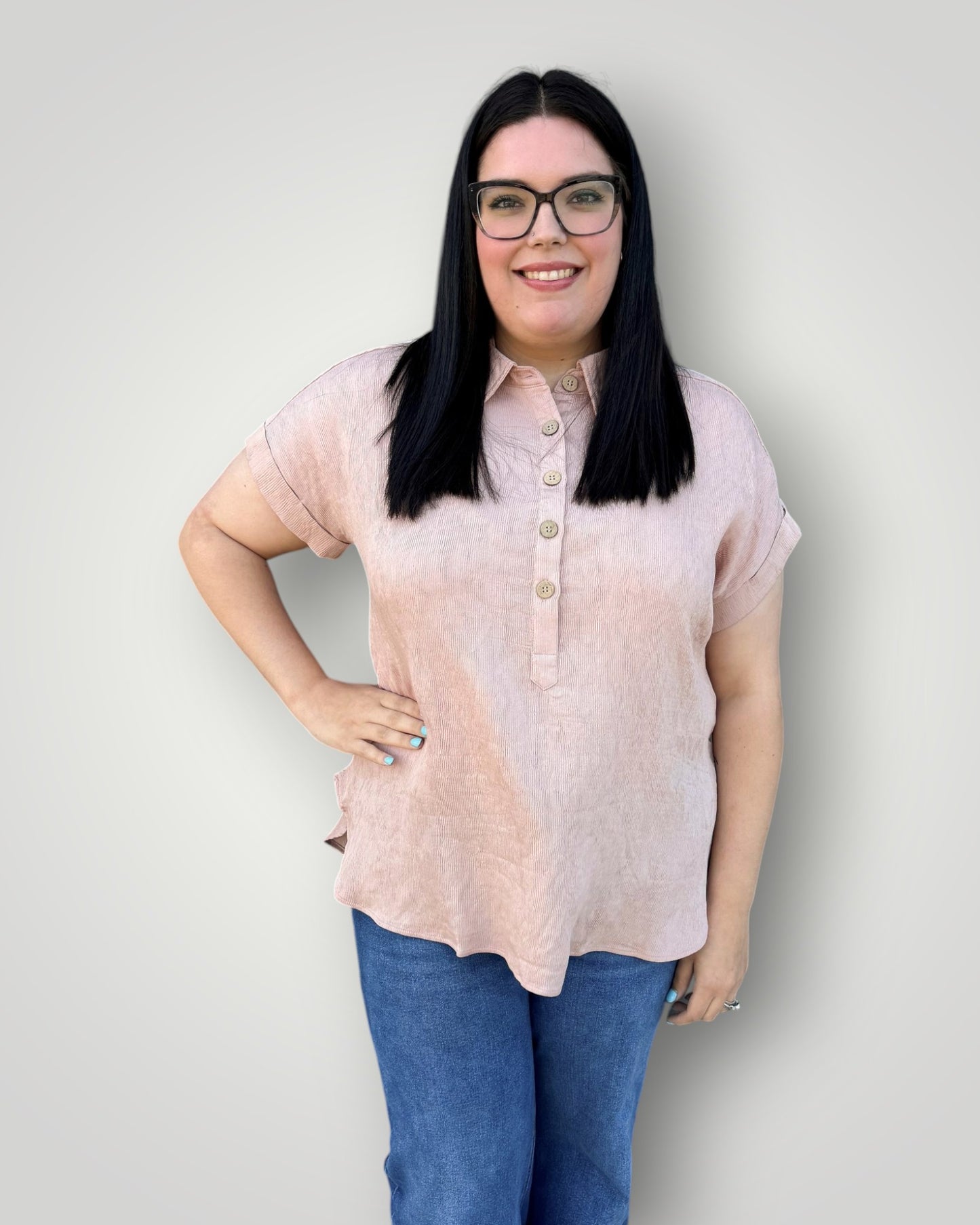 Rose Linen Button Collar Top - Plus
