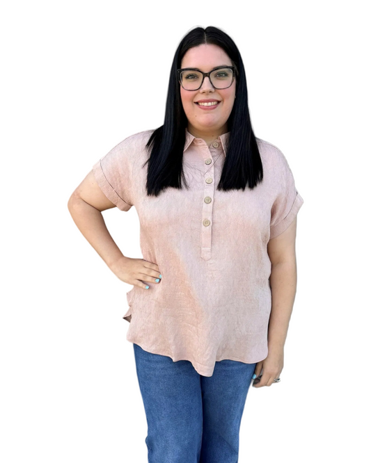 Rose Linen Button Collar Top - Plus